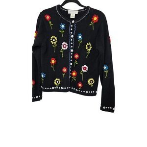 VTG Susan Bristol Black Floral Embroidered Cardigan Sweater Button Size S
